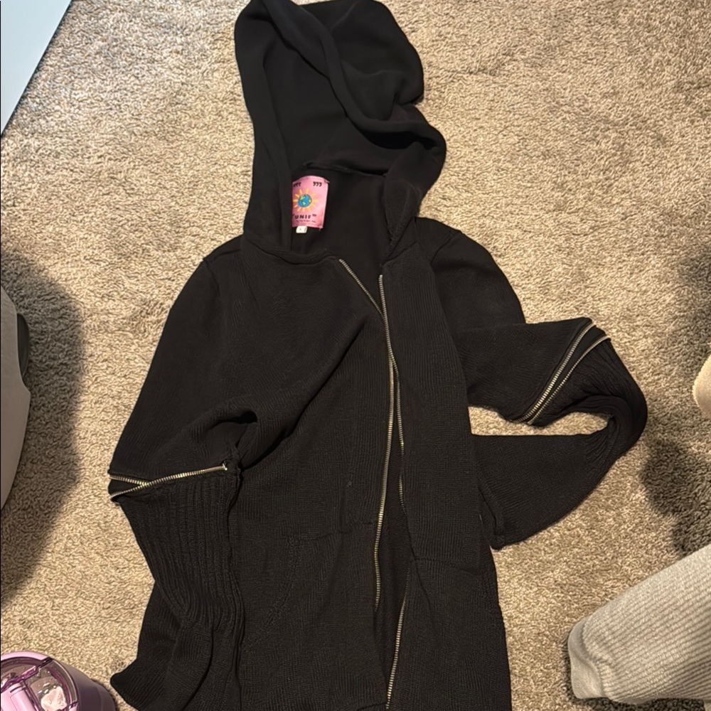 Black Hooded Zip-Up Sweater